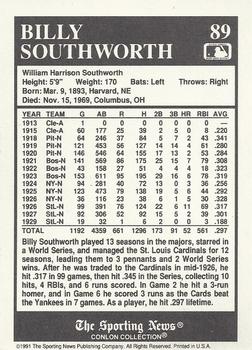 1991 Conlon Collection TSN #89 Billy Southworth Back