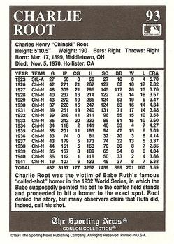 1991 Conlon Collection TSN #93 Charlie Root Back