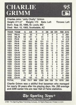 1991 Conlon Collection TSN #95 Charlie Grimm Back