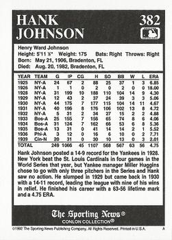 1992 Conlon Collection TSN #382 Hank Johnson Back