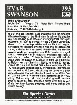 1992 Conlon Collection TSN #393 Evar Swanson Back