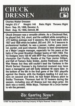 1992 Conlon Collection TSN #400 Chuck Dressen Back