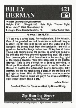 1992 Conlon Collection TSN #421 Billy Herman Back