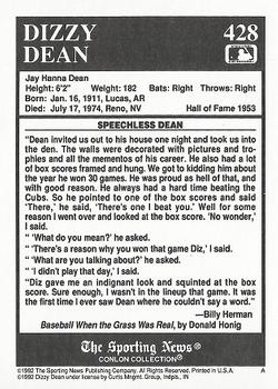1992 Conlon Collection TSN #428 Dizzy Dean Back
