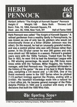 1992 Conlon Collection TSN #465 Herb Pennock Back