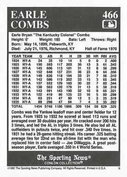 1992 Conlon Collection TSN #466 Earle Combs Back