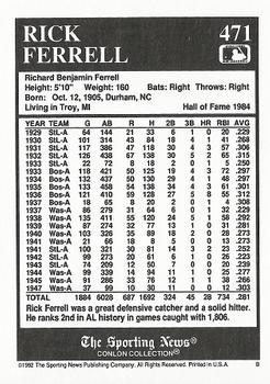 1992 Conlon Collection TSN #471 Rick Ferrell Back
