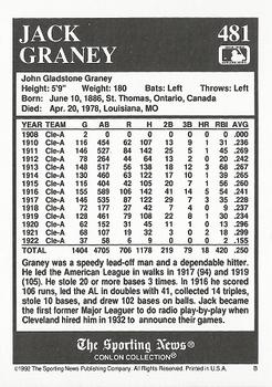 1992 Conlon Collection TSN #481 Jack Graney Back