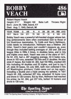 1992 Conlon Collection TSN #486 Bobby Veach Back