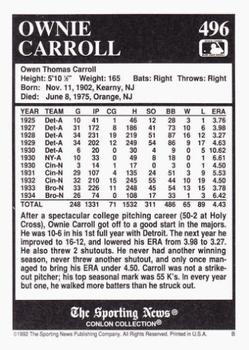 1992 Conlon Collection TSN #496 Ownie Carroll Back