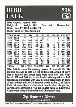 1992 Conlon Collection TSN #518 Bibb Falk Back