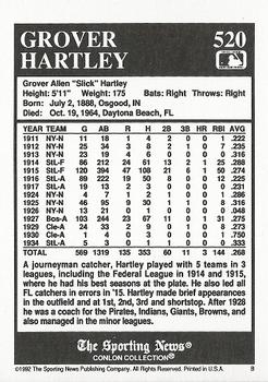 1992 Conlon Collection TSN #520 Grover Hartley Back
