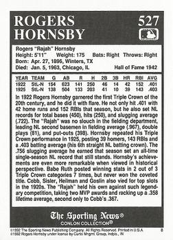1992 Conlon Collection TSN #527 Rogers Hornsby Back