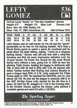 1992 Conlon Collection TSN #536 Lefty Gomez Back