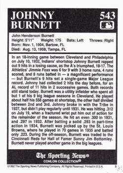 1992 Conlon Collection TSN #543 Johnny Burnett Back