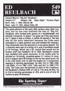 1992 Conlon Collection TSN #549 Ed Reulbach Back