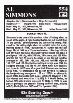 1992 Conlon Collection TSN #554 Al Simmons Back