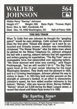 1992 Conlon Collection TSN #564 Walter Johnson Back