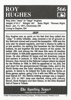 1992 Conlon Collection TSN #566 Roy Hughes Back