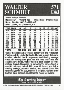 1992 Conlon Collection TSN #571 Walter Schmidt Back