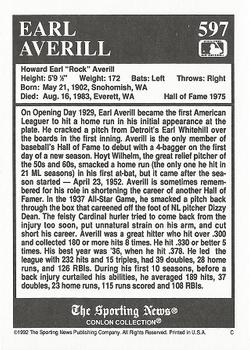 1992 Conlon Collection TSN #597 Earl Averill Back