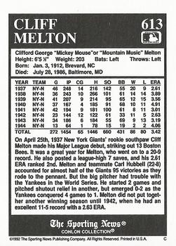 1992 Conlon Collection TSN #613 Cliff Melton Back