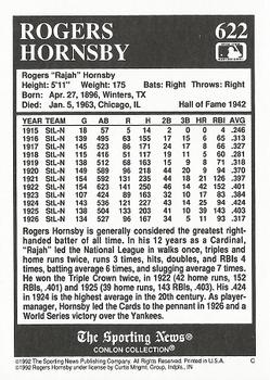 1992 Conlon Collection TSN #622 Rogers Hornsby Back