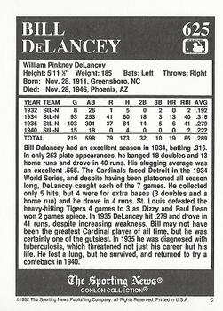 1992 Conlon Collection TSN #625 Bill DeLancey Back
