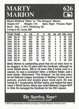 1992 Conlon Collection TSN #626 Marty Marion Back