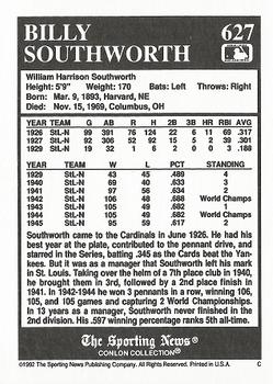 1992 Conlon Collection TSN #627 Billy Southworth Back