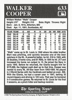 1992 Conlon Collection TSN #633 Walker Cooper Back