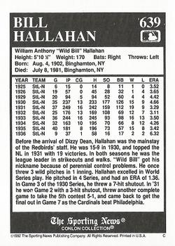 1992 Conlon Collection TSN #639 Bill Hallahan Back