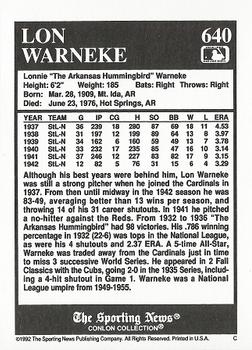 1992 Conlon Collection TSN #640 Lon Warneke Back