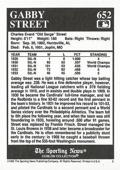 1992 Conlon Collection TSN #652 Gabby Street Back