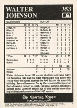 1992 Conlon Collection TSN #353 Walter Johnson Back
