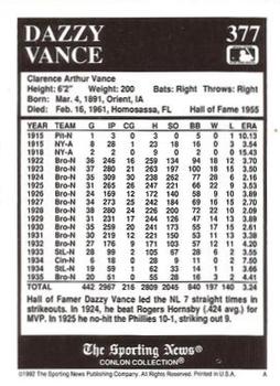 1992 Conlon Collection TSN #377 Dazzy Vance Back