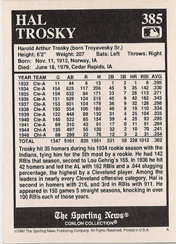 1992 Conlon Collection TSN #385 Hal Trosky Back