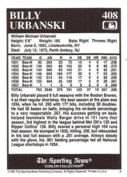 1992 Conlon Collection TSN #408 Billy Urbanski Back