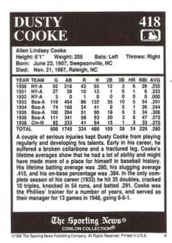 1992 Conlon Collection TSN #418 Dusty Cooke Back
