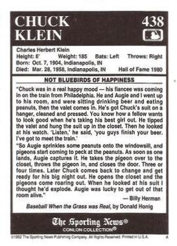 1992 Conlon Collection TSN #438 Chuck Klein Back