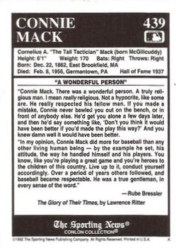 1992 Conlon Collection TSN #439 Connie Mack Back