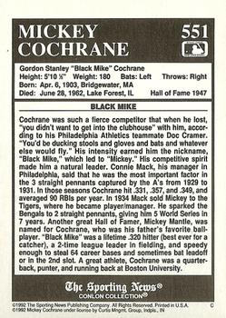 1992 Conlon Collection TSN #551 Mickey Cochrane Back