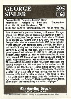 1992 Conlon Collection TSN #595 George Sisler Back