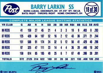 1991 Post Cereal #18 Barry Larkin Back