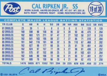 1991 Post Cereal #19 Cal Ripken Jr. Back