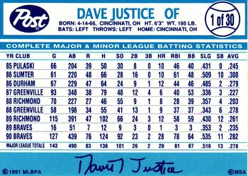 1991 Post Cereal #1 Dave Justice Back