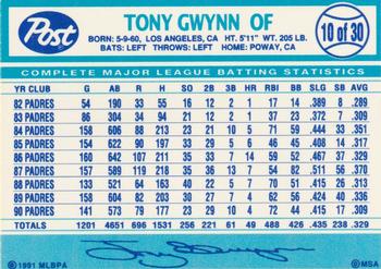 1991 Post Cereal #10 Tony Gwynn Back