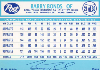 1991 Post Cereal #21 Barry Bonds Back
