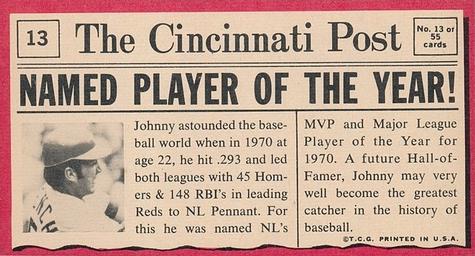1971 Topps Greatest Moments #13 Johnny Bench Back