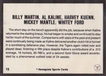 1983 Homeplate Sports Cards The Al Kaline Story: 30 Years A Tiger! #16 Billy Martin / Al Kaline / Harvey Kuenn / Mickey Mantle / Whitey Ford Back
